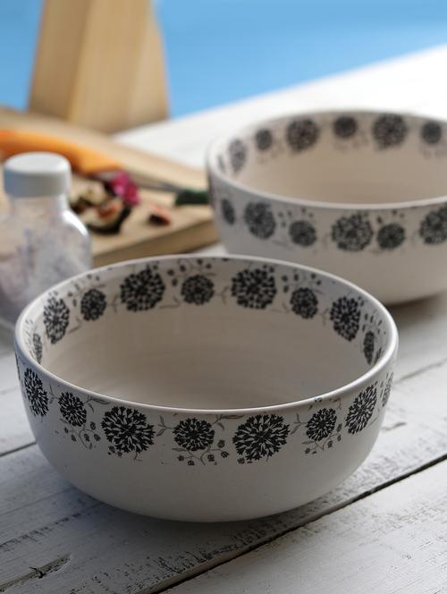 set of 2 handcrafted decal black flowers 7 -inch ceramic serving bowls - 15092483 - Very Small Image - 1