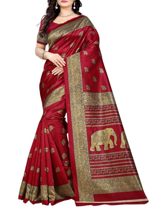 maroon silk blend printed saree with blouse - 15092938 - Very Small Image - 1