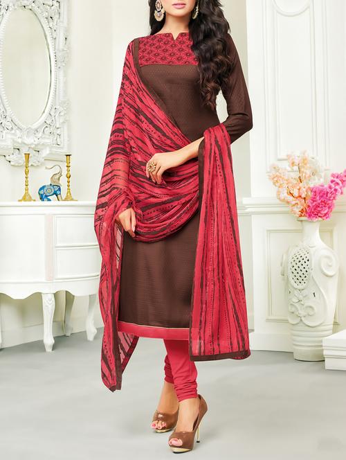 brown cotton blend unstitched churidaar suits - 15092963 - Very Small Image - 1