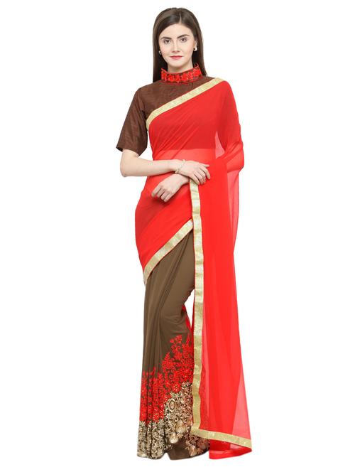 red georgette half and half saree - 15093304 - Very Small Image - 1
