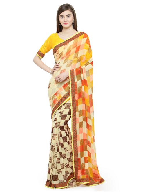 yellow check print saree - 15093312 - Very Small Image - 1
