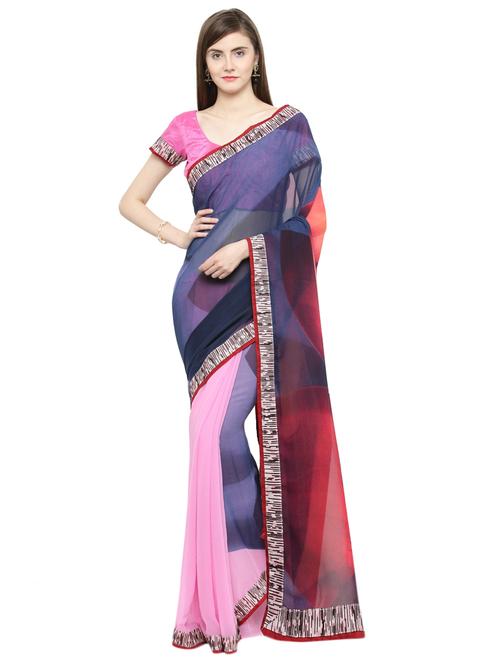 blue georgette printed saree with blouse - 15093314 - Very Small Image - 1