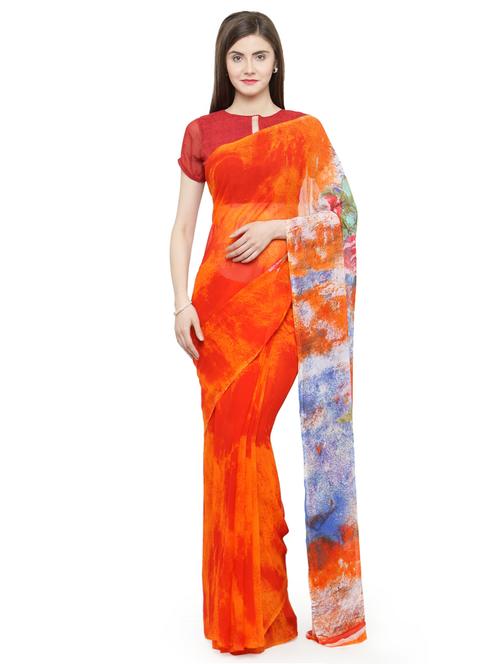 orange georgette printed saree - 15093337 - Very Small Image - 1