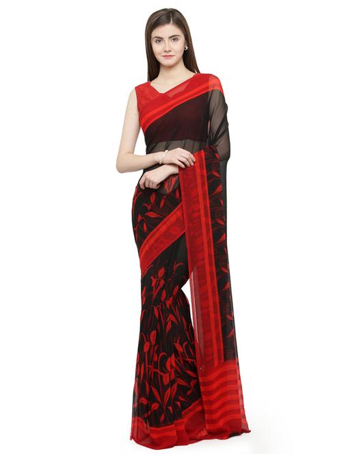 black georgette printed saree with blouse - 15093338 - Very Small Image - 1