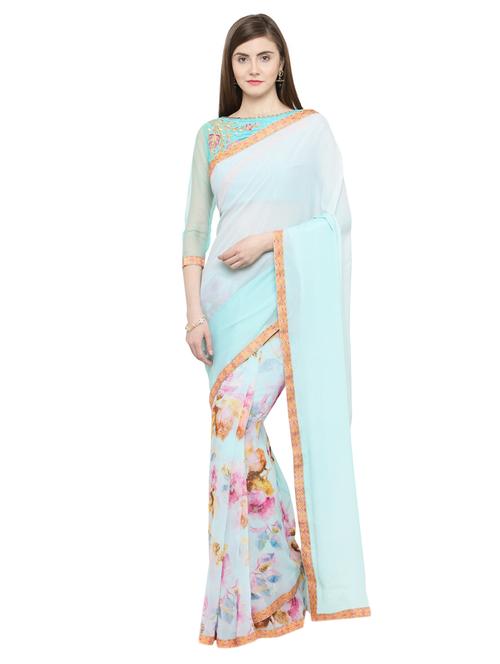 turquoise georgette printed saree - 15093369 - Very Small Image - 1