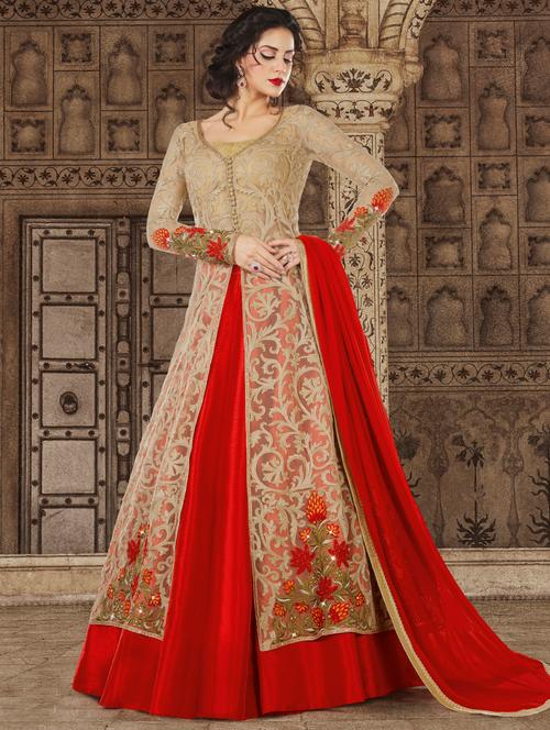 beige net semi-stitched anarkali suit - 15097118 - Very Small Image - 1