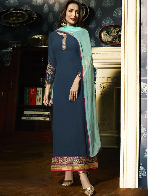turquoise georgette semi-stitched churidaar suit - 15098098 - Very Small Image - 1