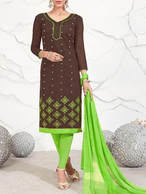 brown chanderi cotton unstitched churidaar suit - 15098498 - Very Small Image - 1