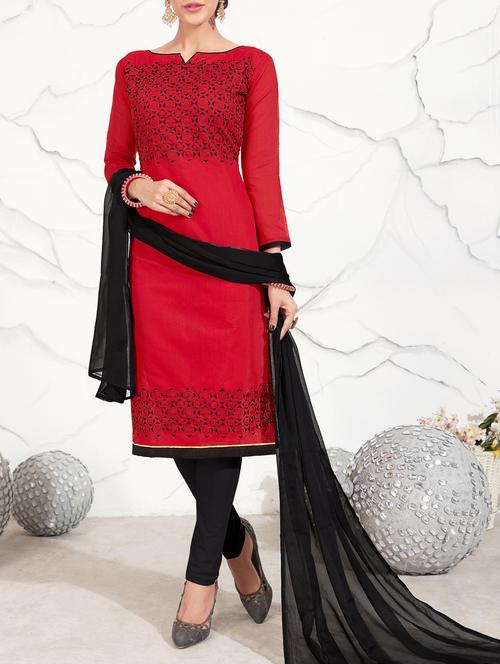red embroidered unstitched churidaar suit - 15098500 - Very Small Image - 1