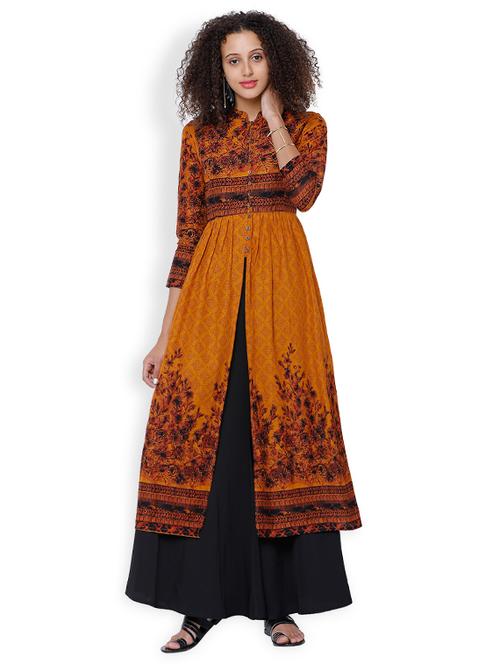 yellow cotton flared kurta - 15099758 - Very Small Image - 1