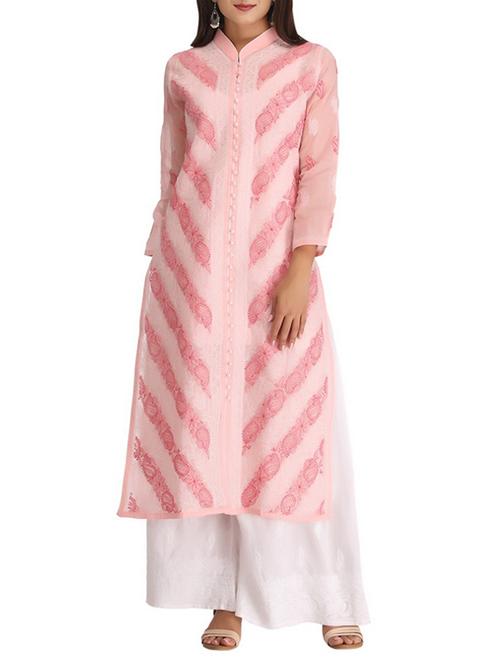 peach straight chikankari kurta - 15100048 - Very Small Image - 1