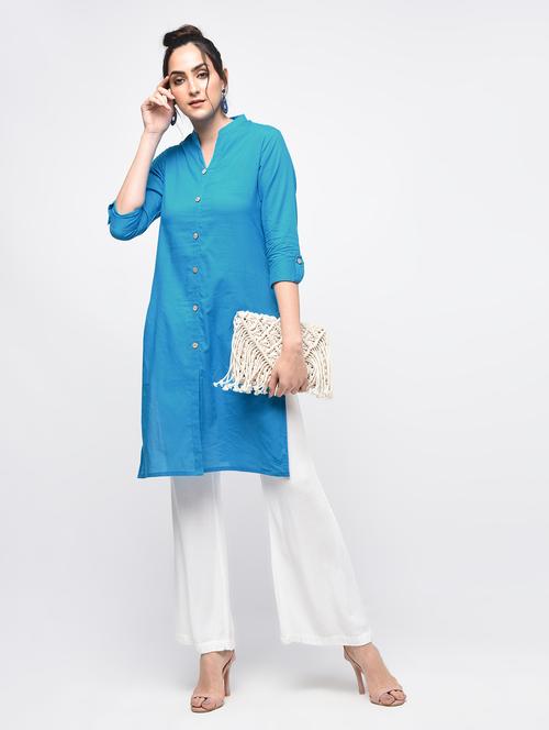 turquoise cotton solid kurta - 15101338 - Very Small Image - 1