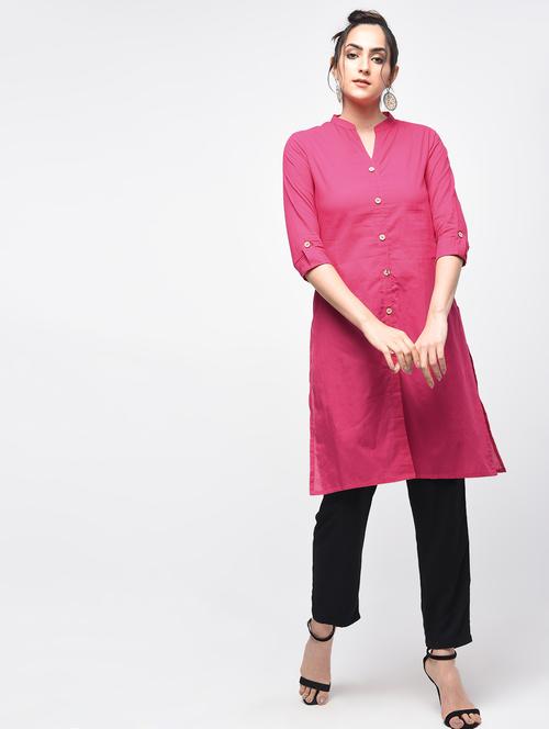 pink cotton solid kurta - 15101341 - Very Small Image - 1
