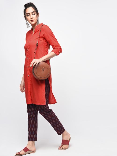 red cotton solid kurta - 15101342 - Very Small Image - 1