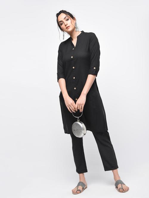 black cotton solid kurta - 15101343 - Very Small Image - 1