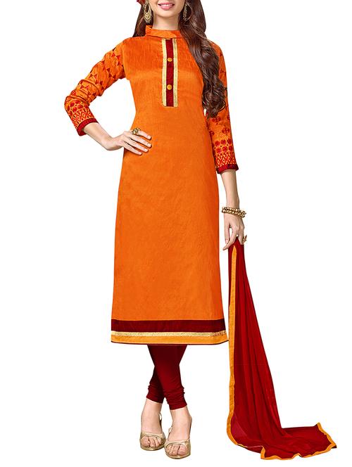orange embroidered unstitched churidaar suit - 15101792 - Very Small Image - 1