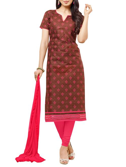 brown embroidered unstitched churidaar suit - 15101804 - Very Small Image - 1