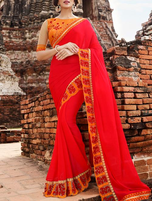 red georgette bordered saree - 15102669 - Very Small Image - 1