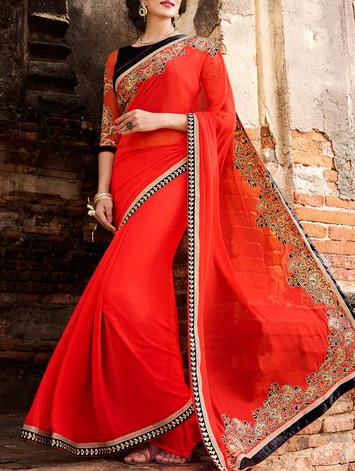 red georgette bordered saree - 15102671 - Very Small Image - 1