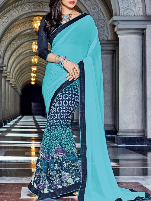 turquoise georgette half and half saree - 15102709 - Very Small Image - 1