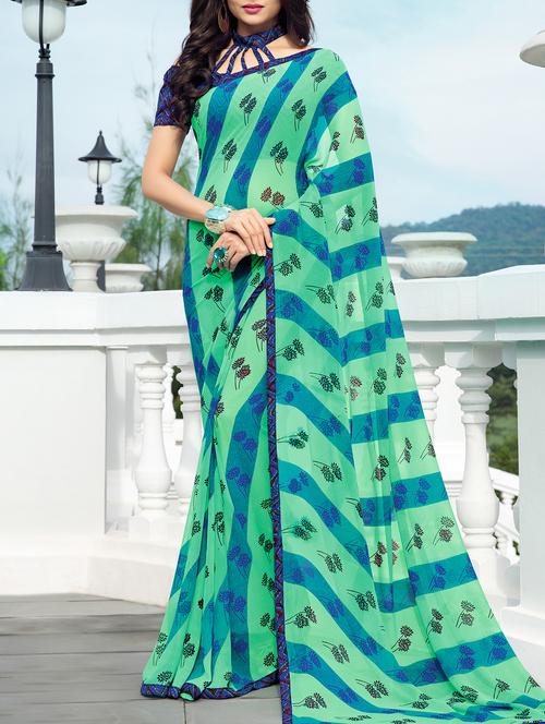 turquoise georgette printed saree with blouse - 15102720 - Very Small Image - 1