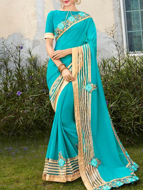 sky blue georgette embroidered saree with blouse - 15102736 - Very Small Image - 1