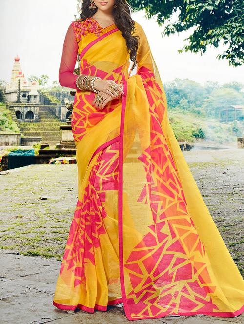 yellow cotton blend printed saree - 15102759 - Very Small Image - 1