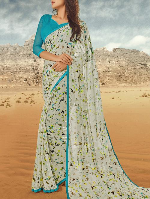 white georgette printed saree - 15102771 - Very Small Image - 1