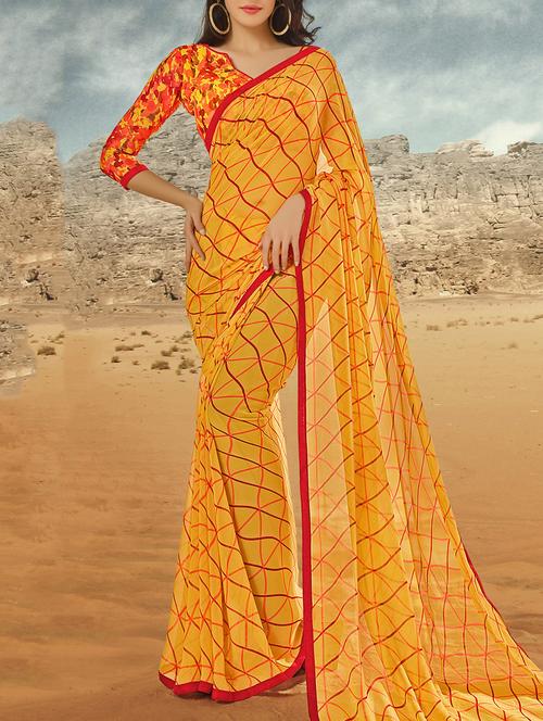 yellow georgette printed saree - 15102772 - Very Small Image - 1