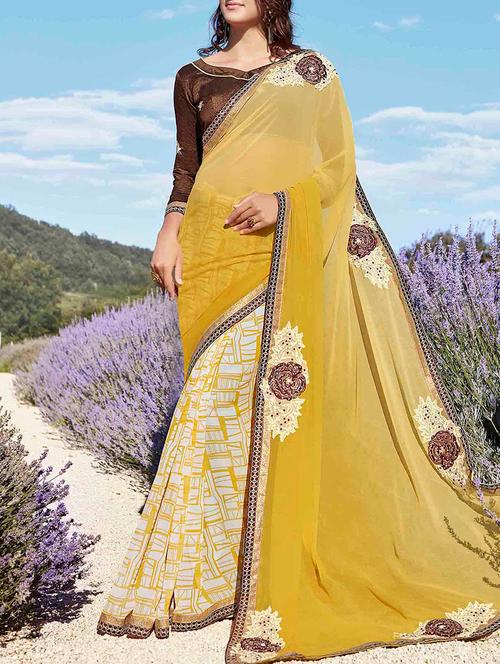 yellow georgette half and half saree with blouse - 15102803 - Very Small Image - 1
