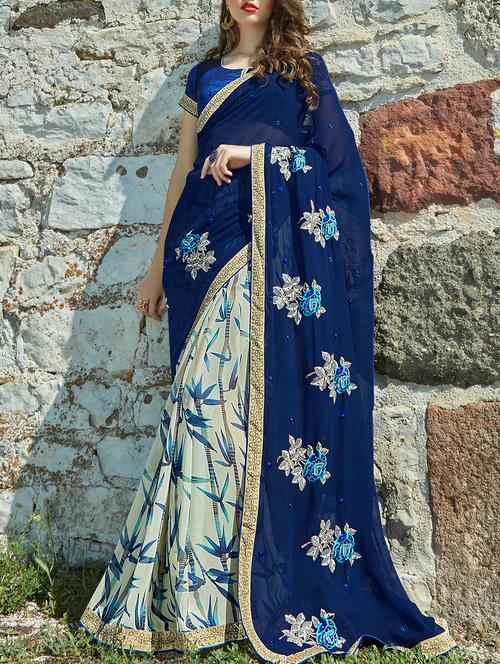 floral embroidered half and half saree with blouse - 15102810 - Very Small Image - 1