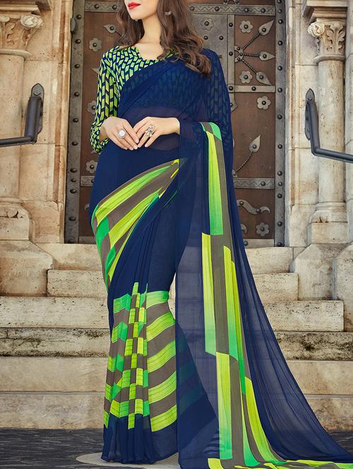 blue georgette printed saree - 15102814 - Very Small Image - 1