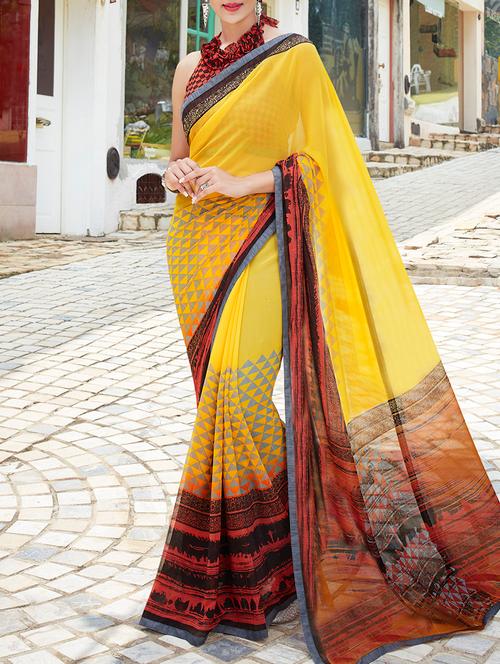 yellow georgette printed saree - 15102830 - Very Small Image - 1