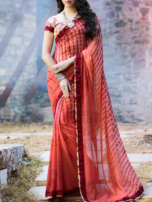red georgette printed saree - 15102834 - Very Small Image - 1