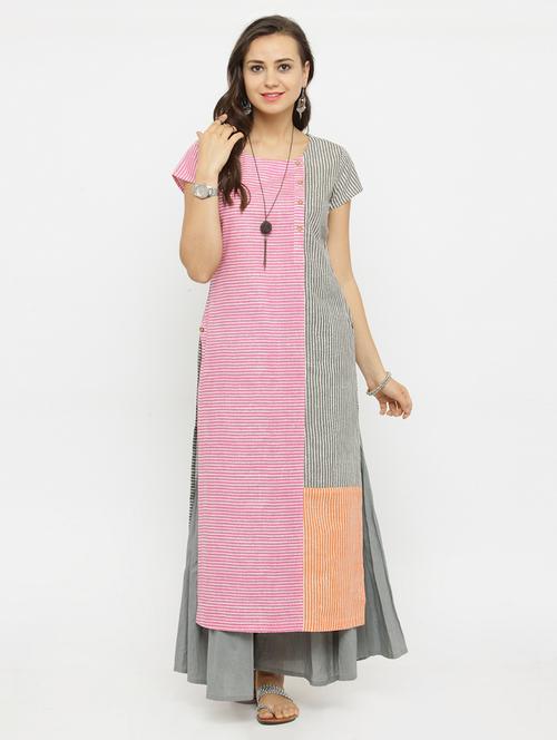 color block stripe kurta with pant set - 15104145 - Very Small Image - 1