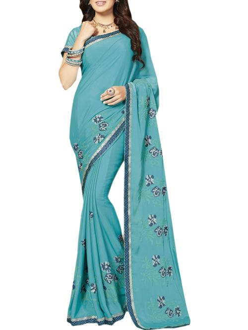 sky blue georgette embroidered saree with blouse - 15104955 - Very Small Image - 1