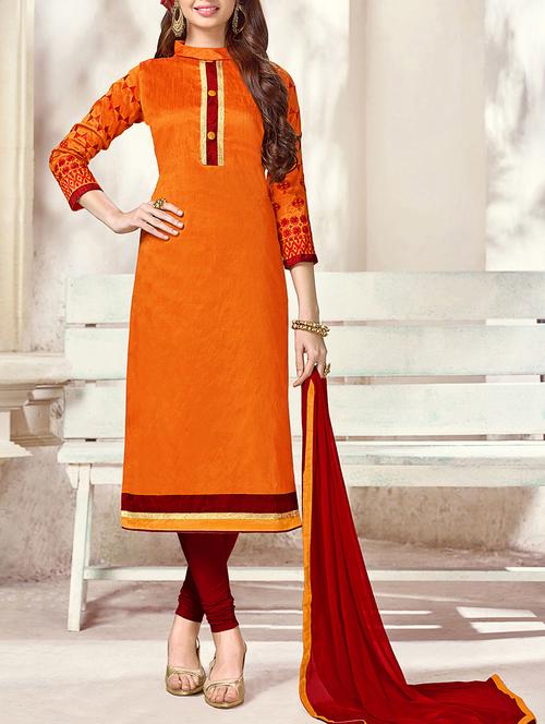 orange embroidered unstitched churidaar suit - 15107331 - Very Small Image - 1