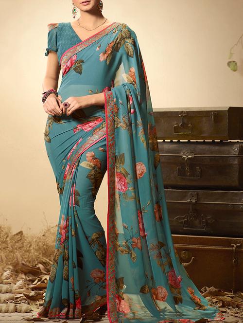blue printed saree with blouse - 15108197 - Very Small Image - 1