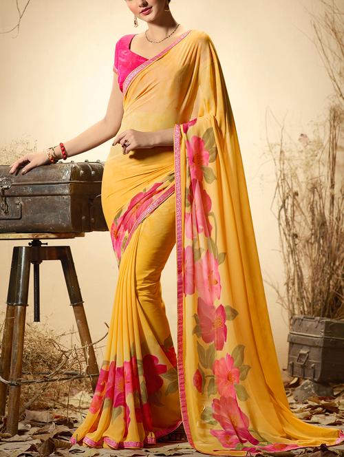 yellow printed saree with blouse - 15108208 - Very Small Image - 1