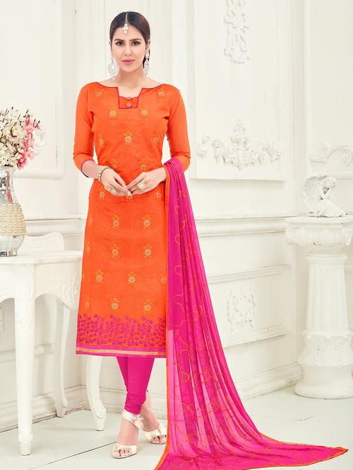 orange embroidered unstitched churidaar suit - 15108391 - Very Small Image - 1