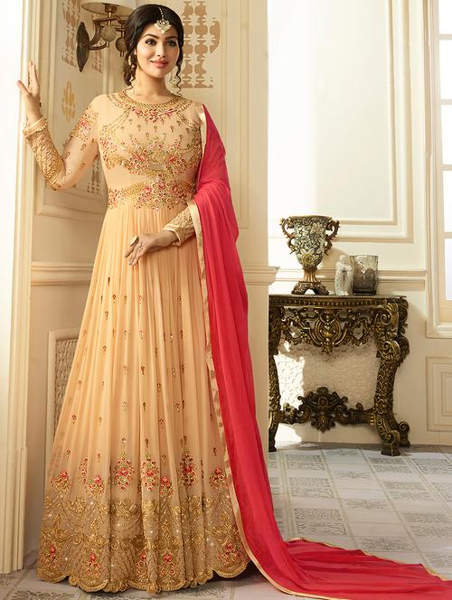 embroidered semi-stitched flared suit - 15109090 - Very Small Image - 1
