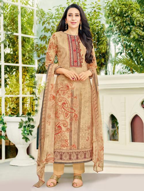 beige cotton unstitched straight pant suit - 15111075 - Very Small Image - 1
