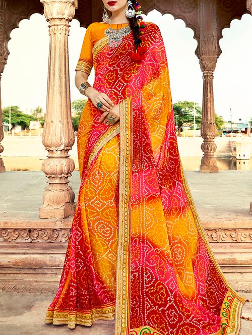 yellow bandhani saree with blouse - 15112975 - Very Small Image - 1