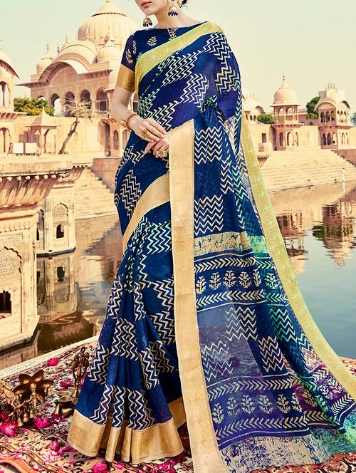 blue printed saree with blouse - 15112981 - Very Small Image - 1