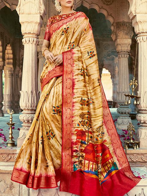 beige printed saree with blouse - 15112986 - Very Small Image - 1