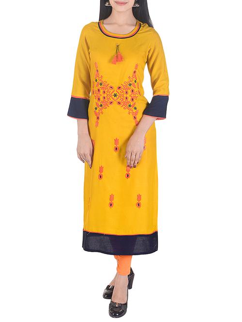 yellow viscose straight kurta - 15113061 - Very Small Image - 1