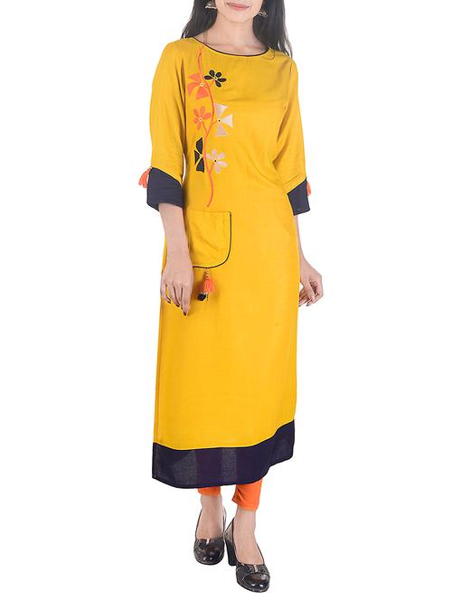 yellow viscose straight kurta - 15113073 - Very Small Image - 1