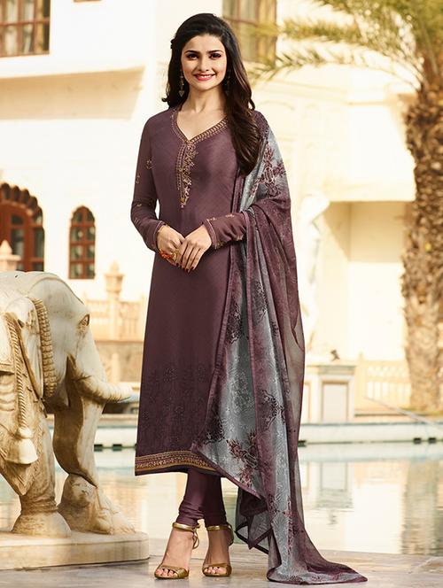 purple embroidered semi-stitched churidaar suit - 15113226 - Very Small Image - 1