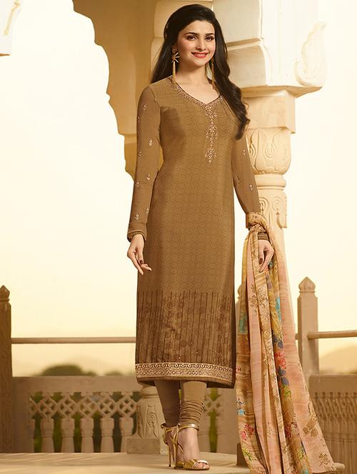 brown embroidered semi-stitched churidaar suit - 15113228 - Very Small Image - 1