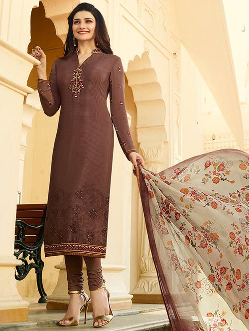 brown embroidered semi-stitched churidaar suit - 15113230 - Very Small Image - 1